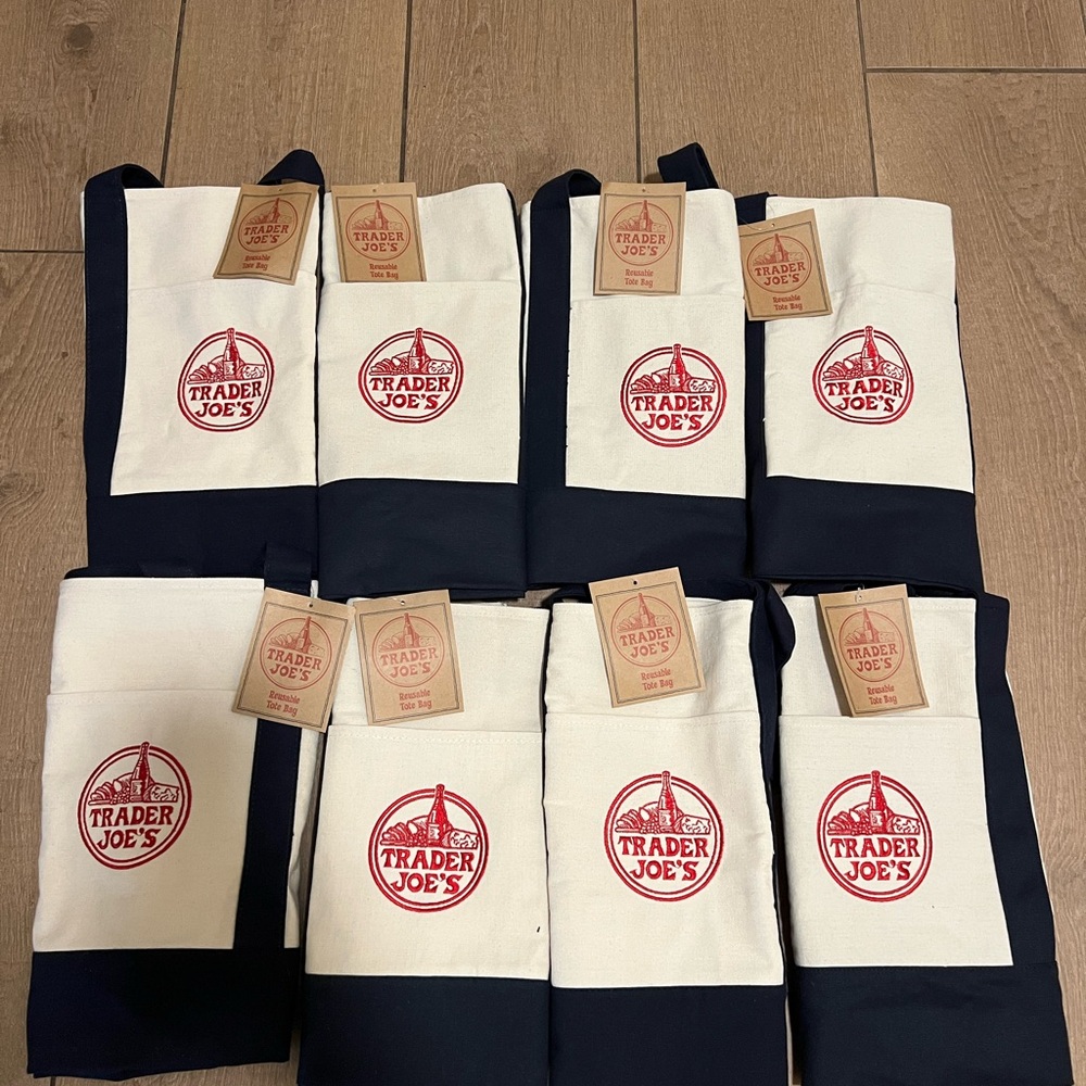 TRADER JOE'S LARGE CANVAS BAGS SET OF 8 REUSABLE SHOPPING BAG LARGE NAVY BLUE